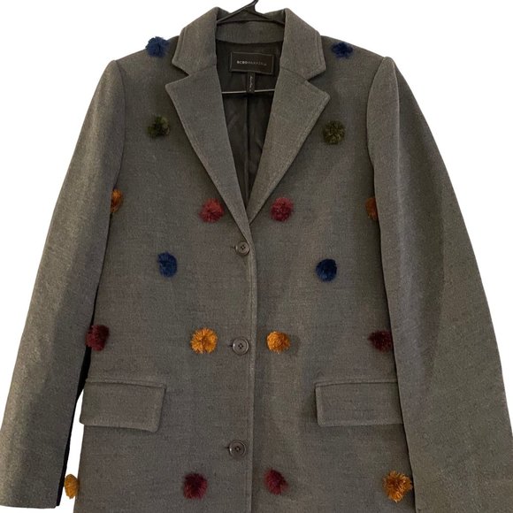 BCBGMaxazria Jaxson Pom-Pom Trench Coat S Grey and Multi Colored - Picture 4 of 5